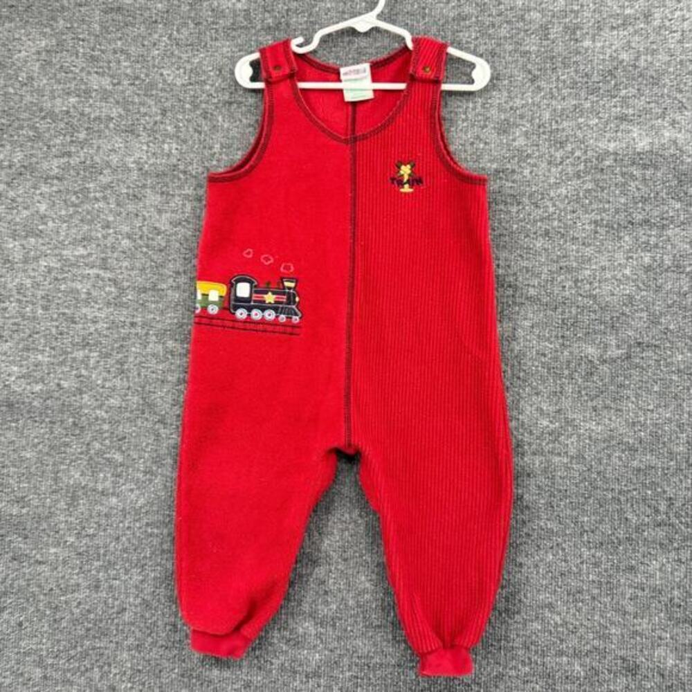 Vintage Okie Dokie Boys Overall Jumpsuit Size 24 Months Fleece Embridered Trains